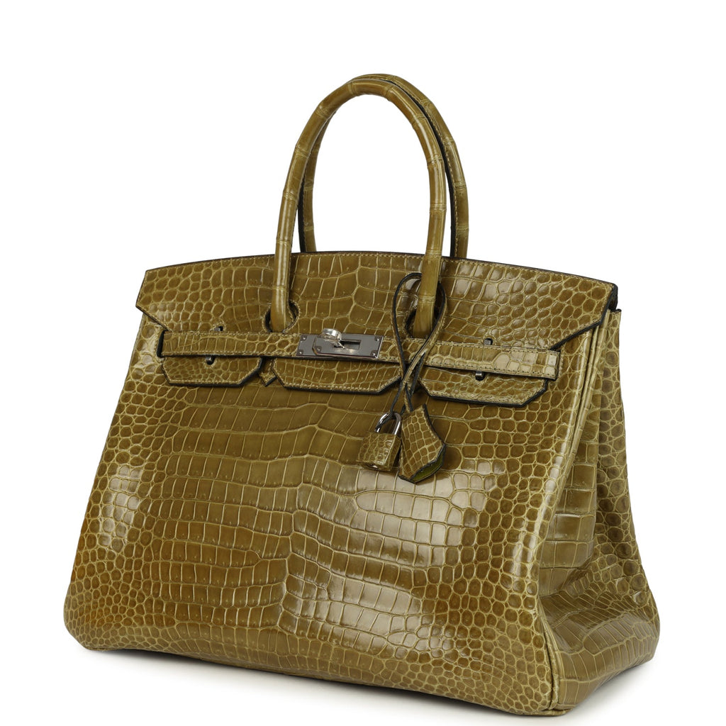 Vintage Hermes Birkin 35 Vert Anis Shiny Porosus Crocodile Palladium Hardware - Image 6