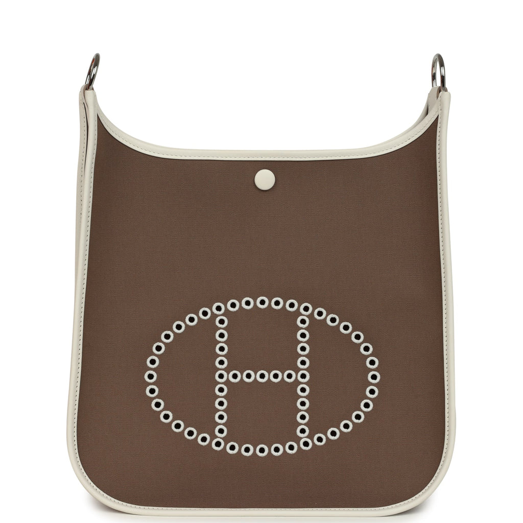 Hermes Neo Evelyne PM Etoupe Officier Canvas and Gris Pale Swift Palladium Hardware