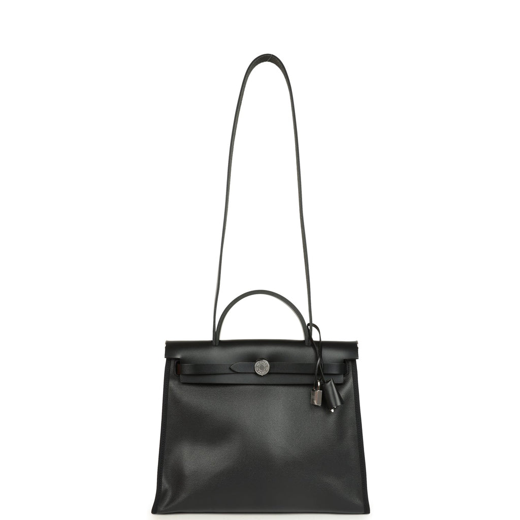 Hermes Herbag Zip PM 31 Black and Ecru Toile H Berline and Black Vache Hunter Palladium Hardware - Image 8