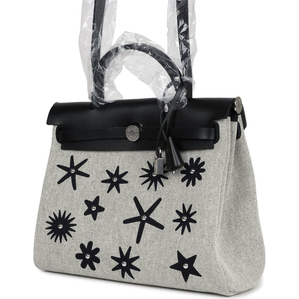 Hermes Herbag Zip 31 PM Hobnailed Black and Ecru Printed H Plume Canvas and Vache Hunter Palladium Hardware - Image 6