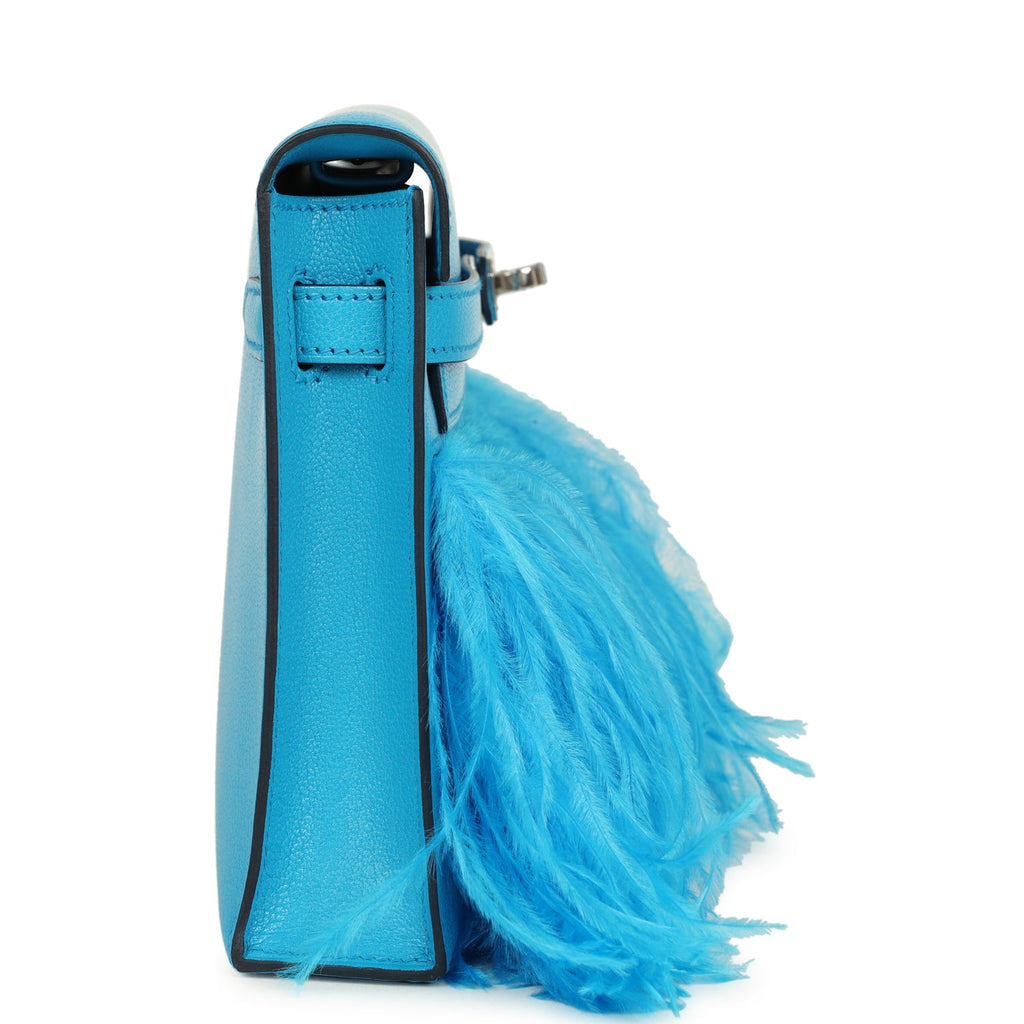 Hermes Kelly Elan Foile Bleu Frida Chevre Chamkila and Ostrich Feathers Palladium Hardware - Image 4