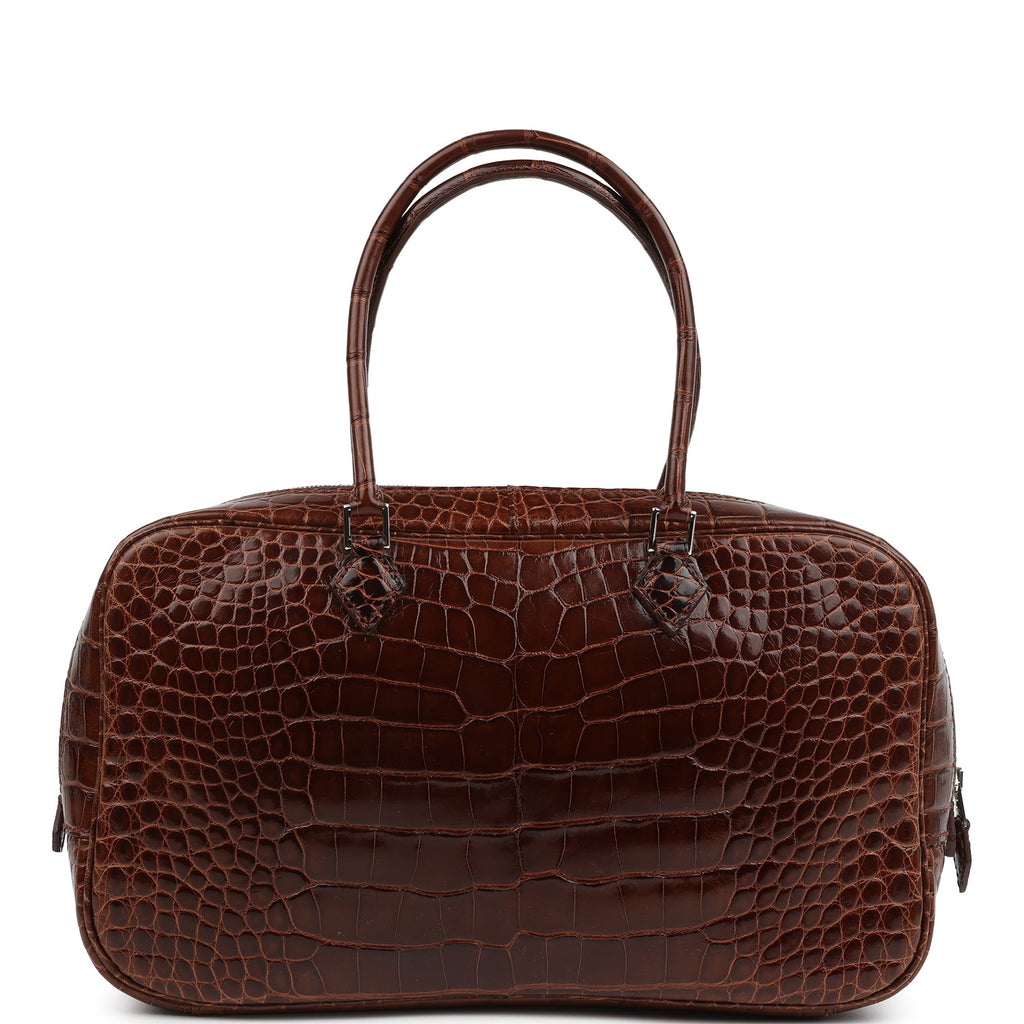 Pre-owned Hermes Plume Elan 28 Miel Shiny Alligator Palladium Hardware