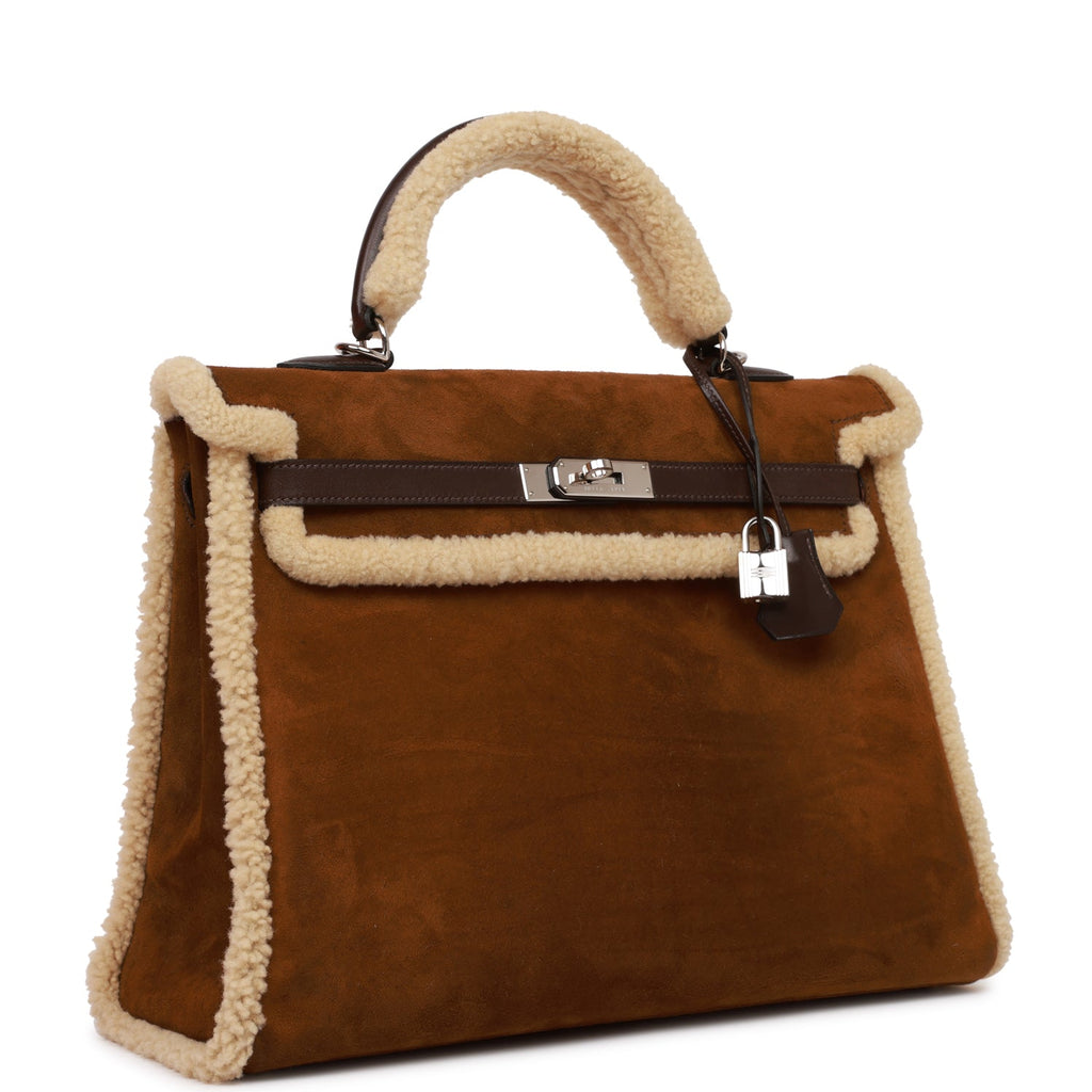 Pre-owned Hermes Teddy Kelly 35 Shearling and Ebene Barenia Palladium Hardware - Image 3