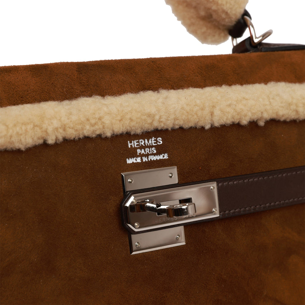 Pre-owned Hermes Teddy Kelly 35 Shearling and Ebene Barenia Palladium Hardware - Image 8