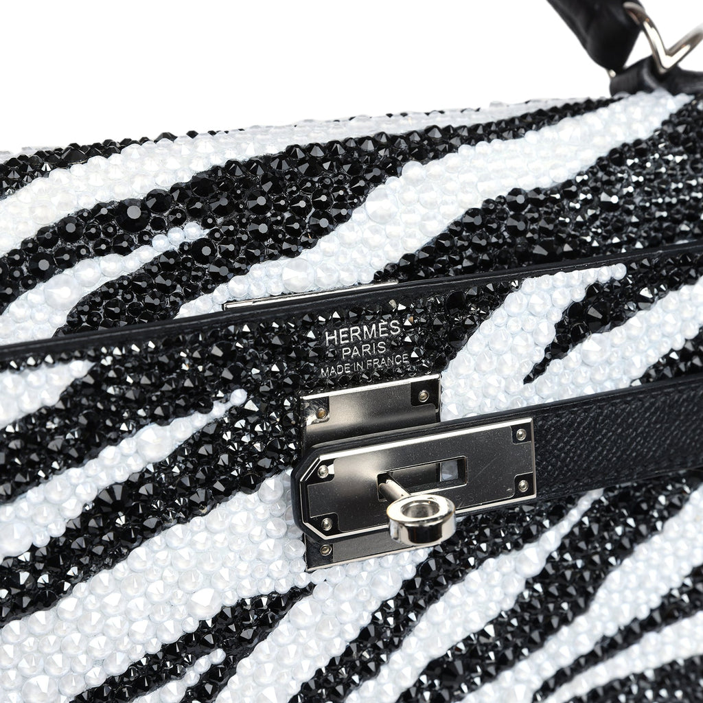 Custom Zebra Swarovski Crystal Hermes Kelly Sellier 32 Black Epsom Palladium Hardware - Image 8