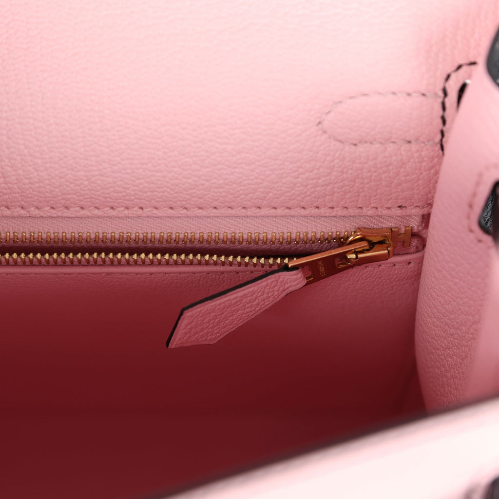 Hermes Special Order (HSS) Kelly Sellier 25 Rose Sakura and Black Chevre Mysore Brushed Gold Hardware - Image 10