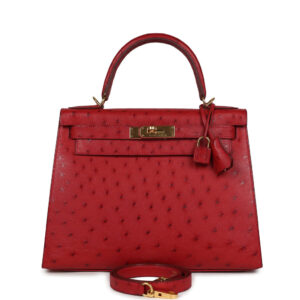 Pre-owned Hermes Kelly Sellier 28 Rouge Vif Ostrich Gold Hardware