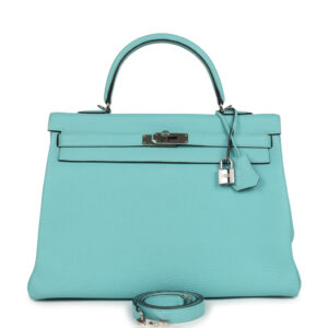 Pre-owned Hermes Kelly Retourne 35 Bleu Atoll Clemence Palladium Hardware