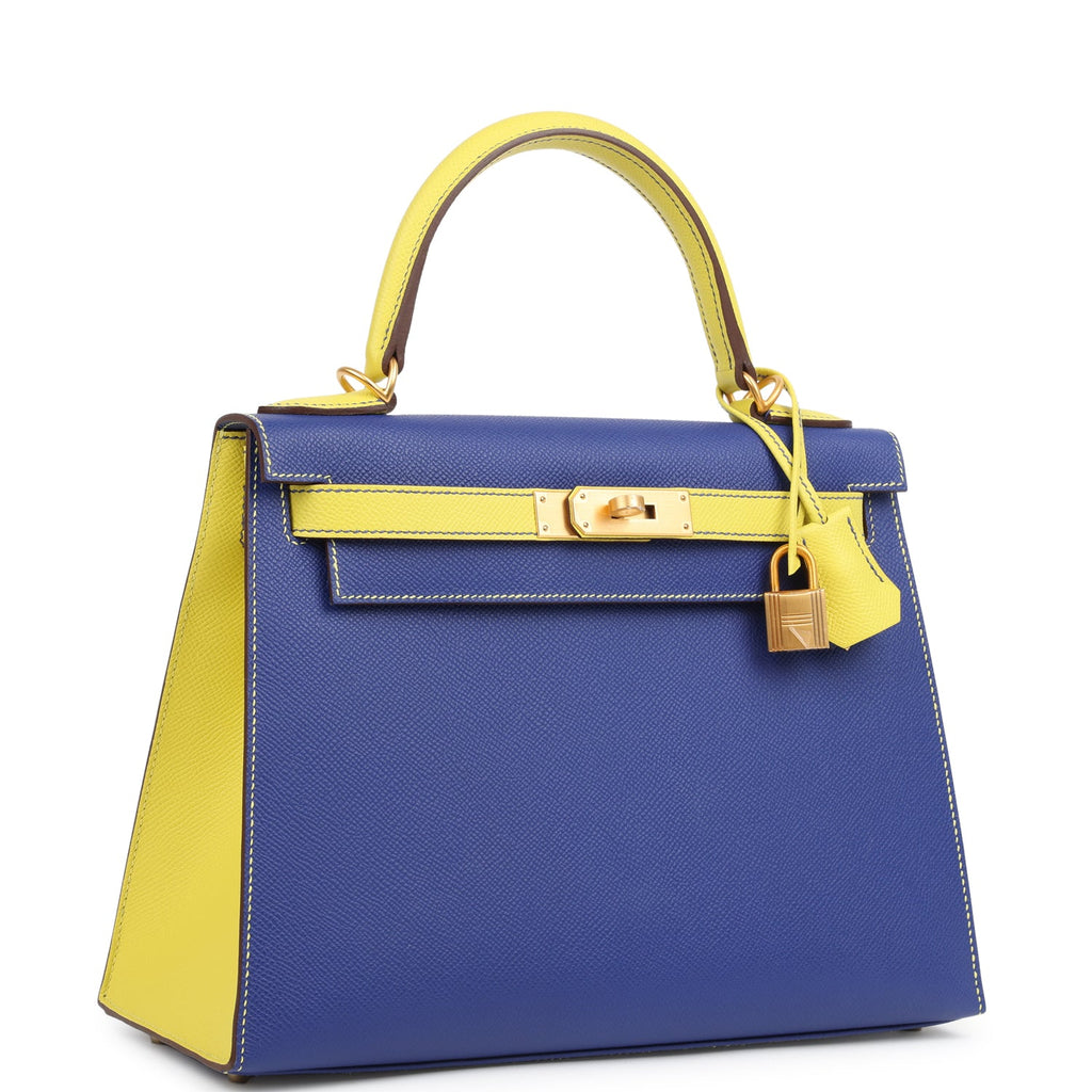Hermes Special Order (HSS) Kelly Sellier 28 Bleu Electric and Lime Epsom Brushed Gold Hardware - Image 3
