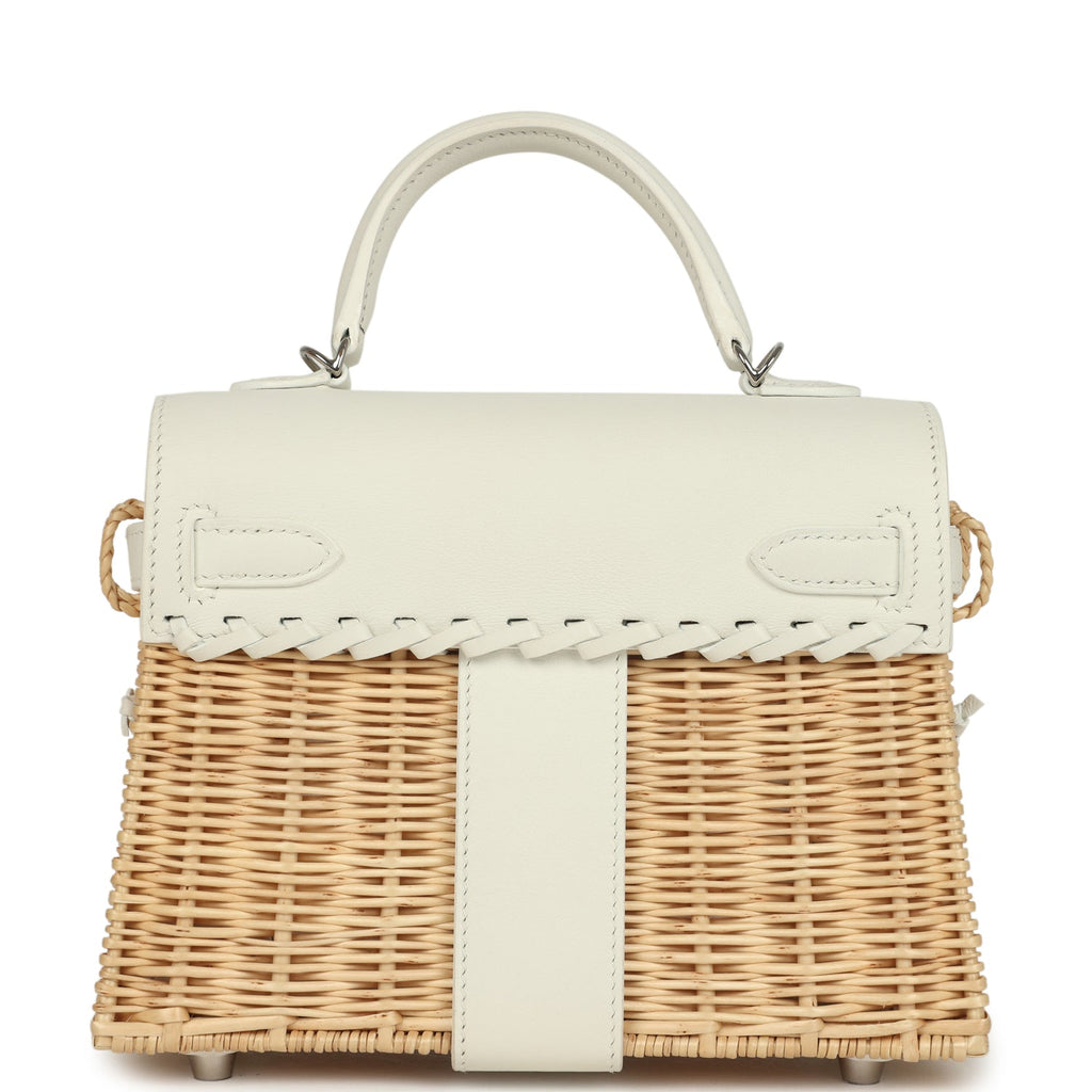 Hermes Mini Picnic Kelly 20 White Swift and Osier Wicker Palladium Hardware - Image 5