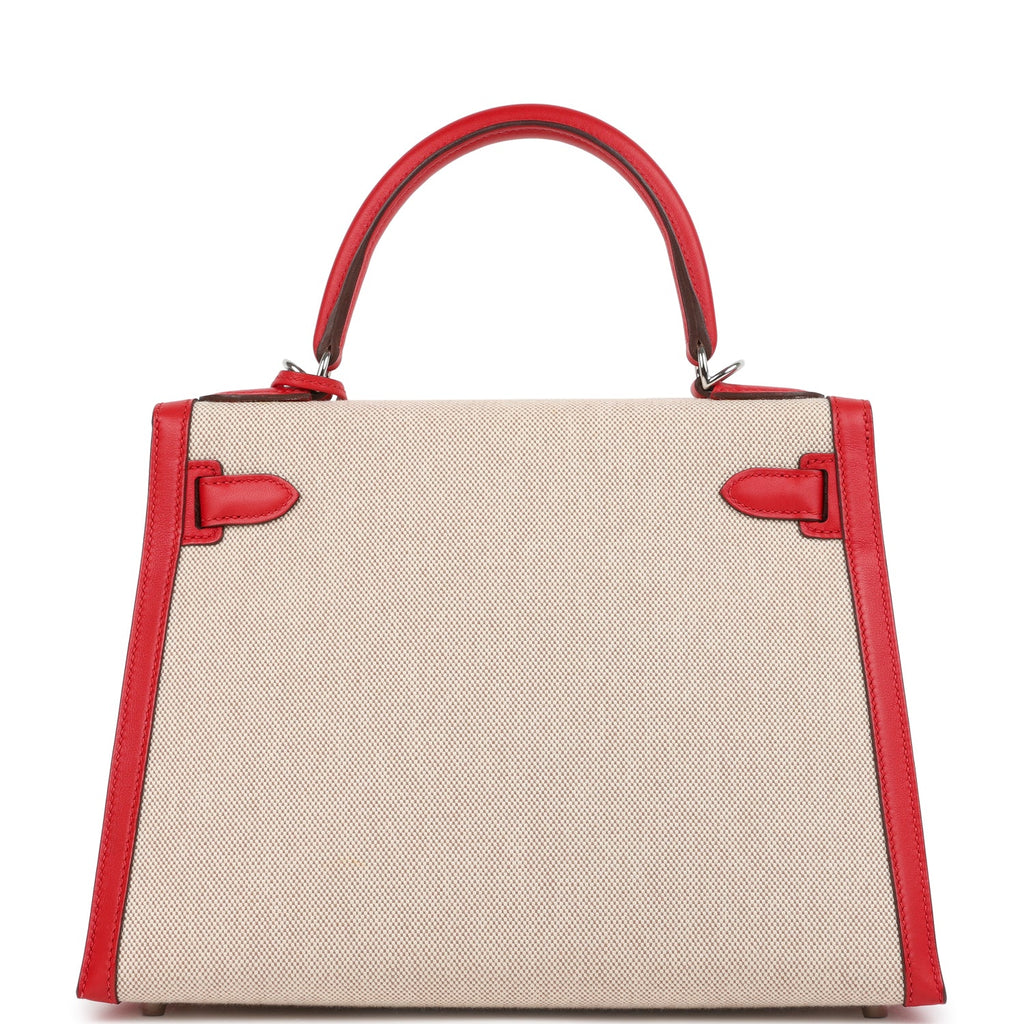 Pre-owned Hermes Kelly Sellier 28 Rouge De Coeur Swift and Beige-Ecru Toile H Canvas Palladium Hardware - Image 5