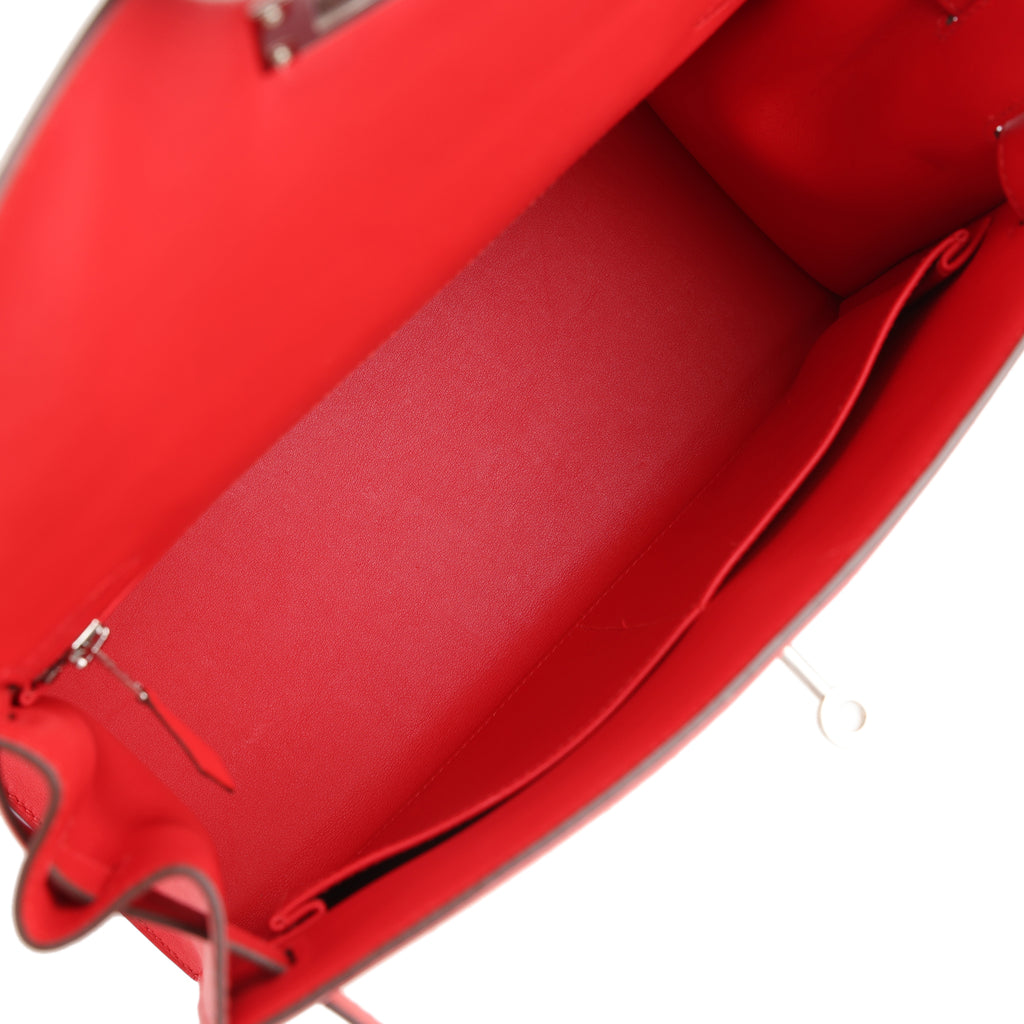 Pre-owned Hermes Kelly Sellier 28 Rouge De Coeur Swift and Beige-Ecru Toile H Canvas Palladium Hardware - Image 8