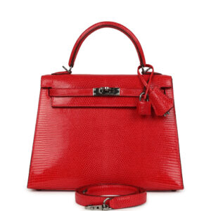 Vintage Hermes Kelly Sellier 25 Rouge Moyen Varanus Niloticus Lizard Ruthenium Hardware
