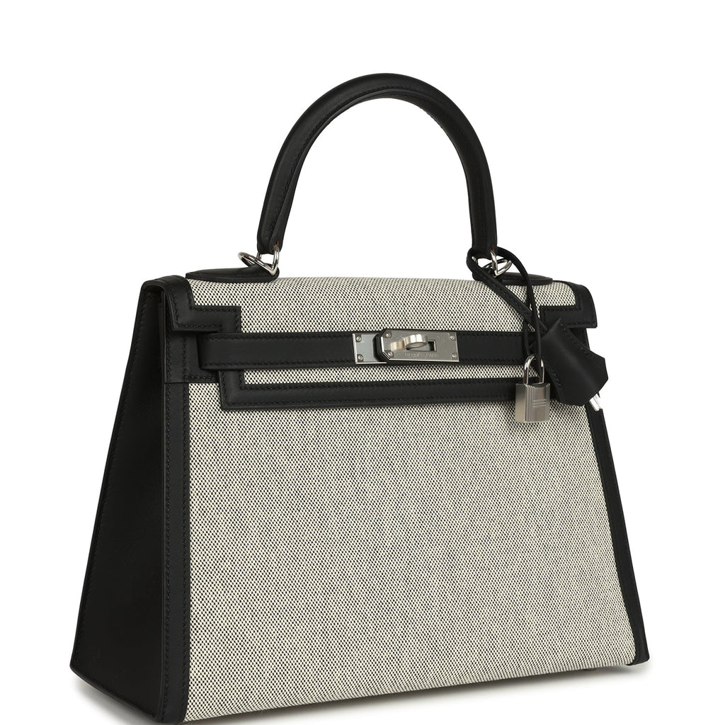 Hermes Kelly Sellier 28 Black Swift and Ecru-Black Toile H Canvas Palladium Hardware - Image 3