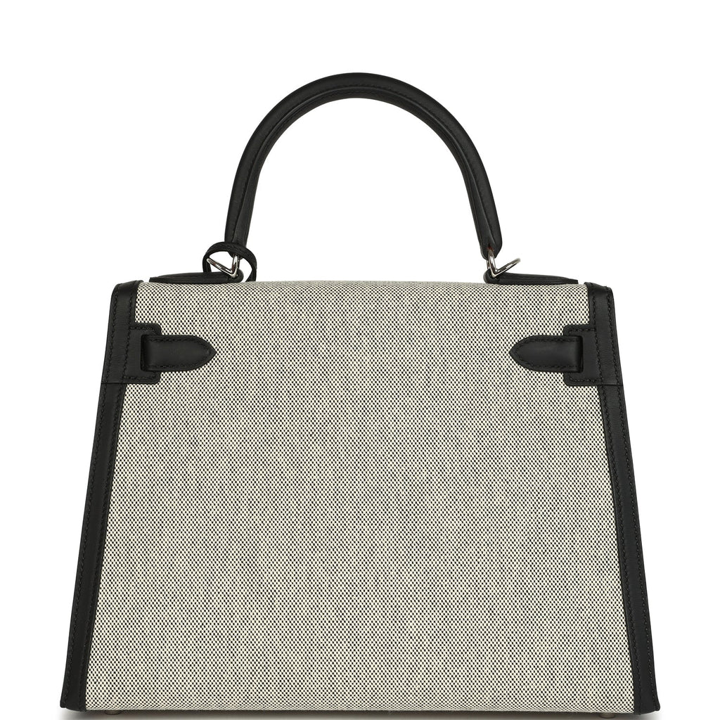 Hermes Kelly Sellier 28 Black Swift and Ecru-Black Toile H Canvas Palladium Hardware - Image 5