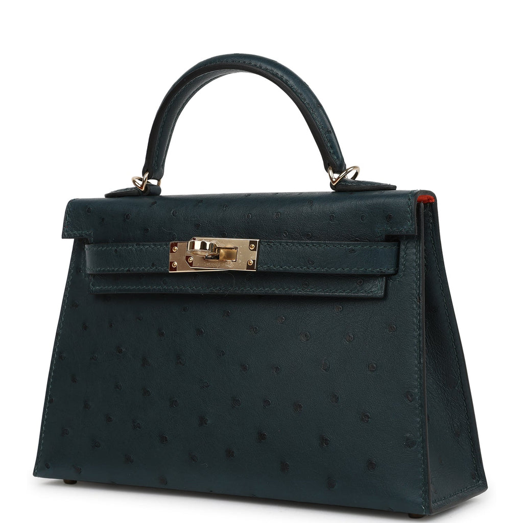 Hermes Special Order (HSS) Kelly Sellier 20 Vert Cypres Verso Ostrich Permabrass Hardware - Image 6