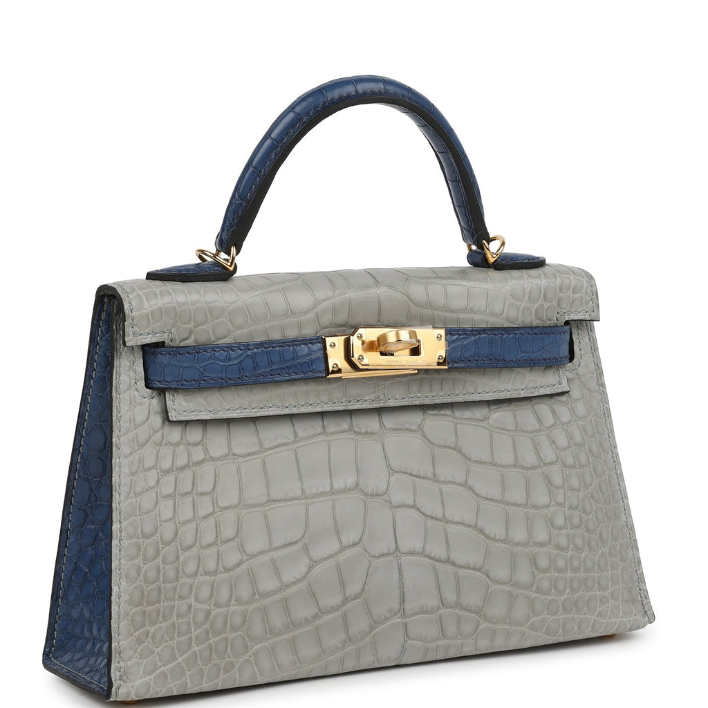 Pre-owned Hermes Special Order (HSS) Kelly Sellier 20 Gris Perle and Bleu de Malte Matte Alligator Gold Hardware - Image 3