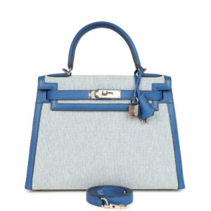 Pre-owned Hermes Kelly Sellier 28 Bleu France Swift and Ecru-Bleu Bill Toile H Canvas Palladium Hardware