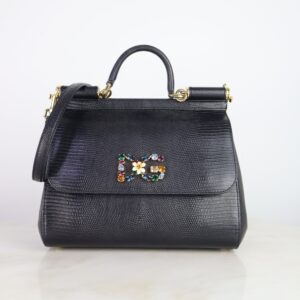 Dolce & Gabbana Black Iguana Print Sicily Crystal Medium Bag W/ Strap