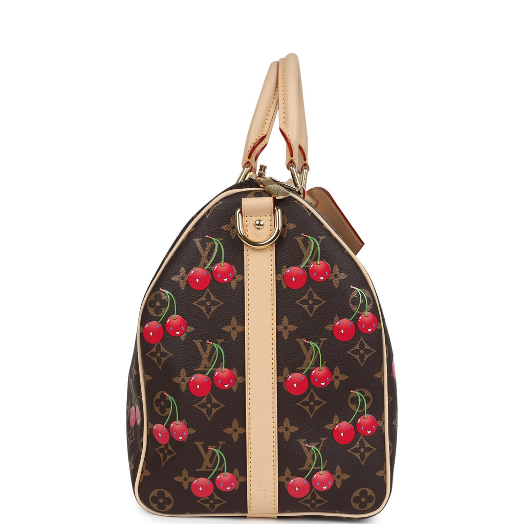 Louis Vuitton X Murakami Keepall Bandouliere 45 Red and Brown Cherry Monogram Gold Hardware - Image 4