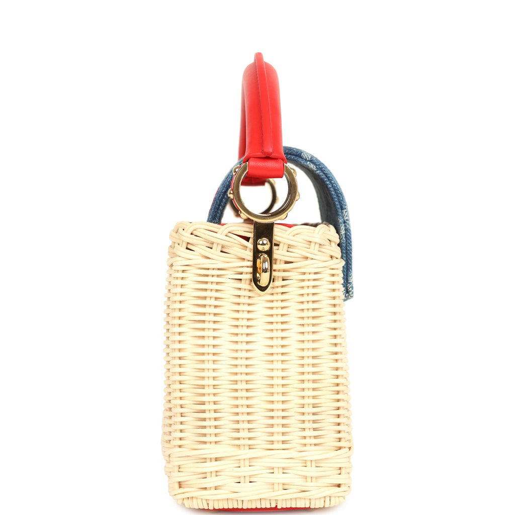 Louis Vuitton X Takashi Murakami Capucines Mini Red and Blue Monogram Cherry Denim and Rattan Wicker Gold Hardware - Image 4
