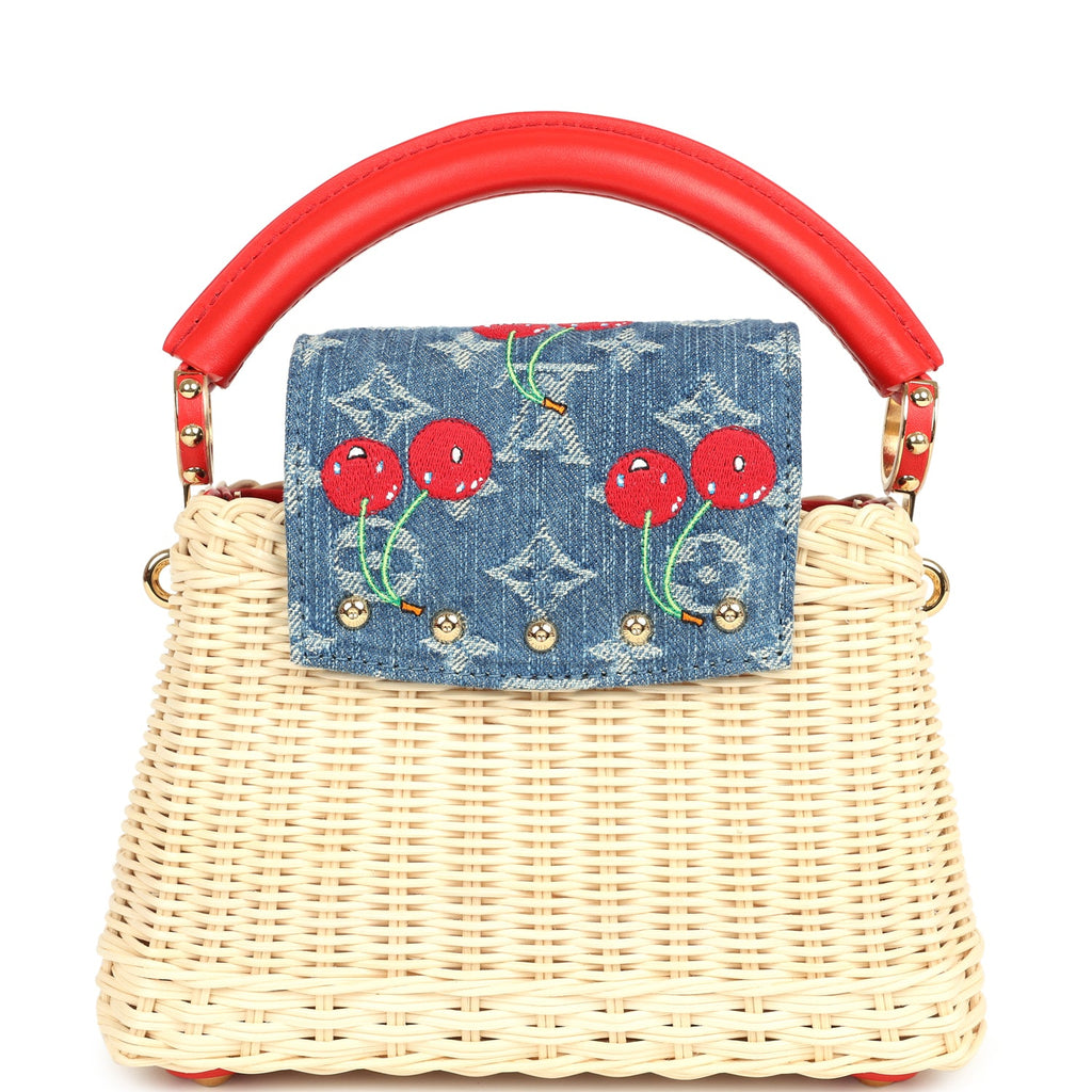 Louis Vuitton X Takashi Murakami Capucines Mini Red and Blue Monogram Cherry Denim and Rattan Wicker Gold Hardware - Image 5