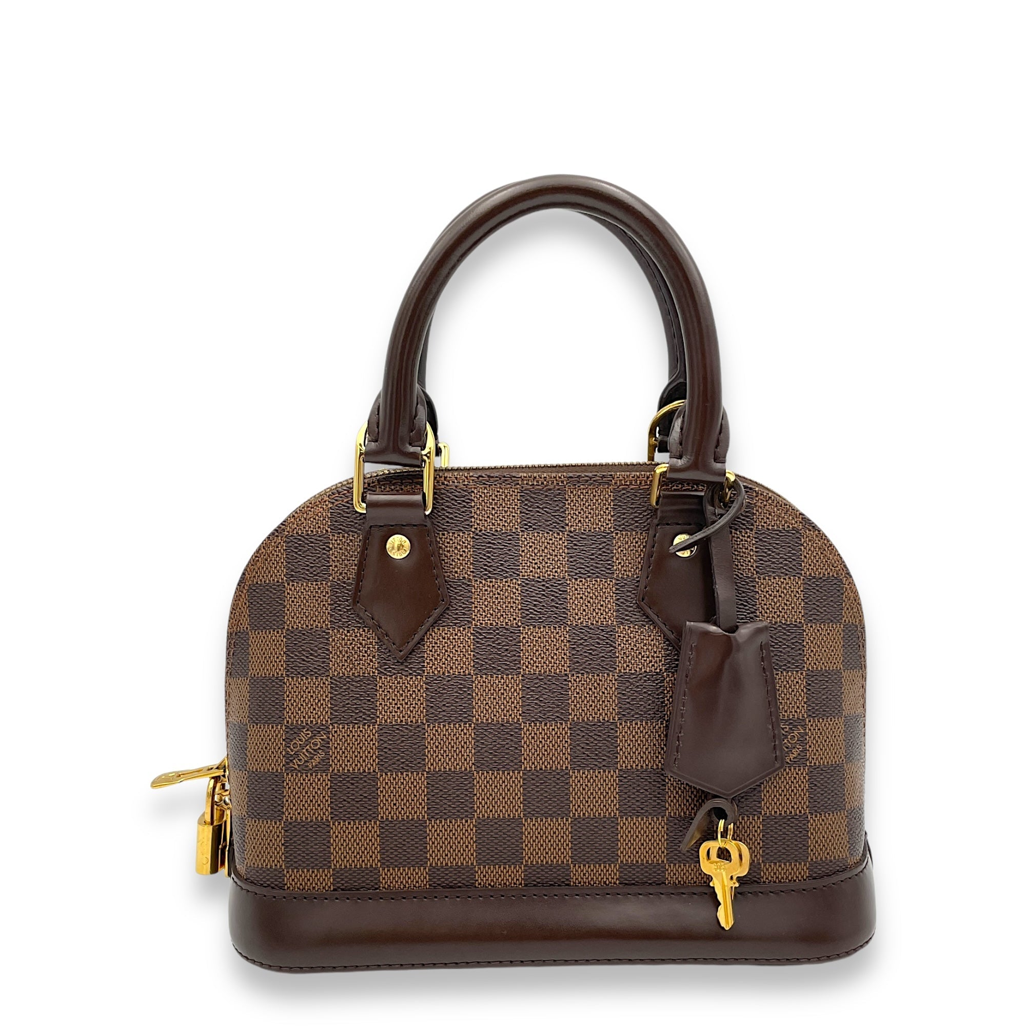 Alma BB Damier Ebene Top Handle Bag in Coated Canvas, Gold hardware