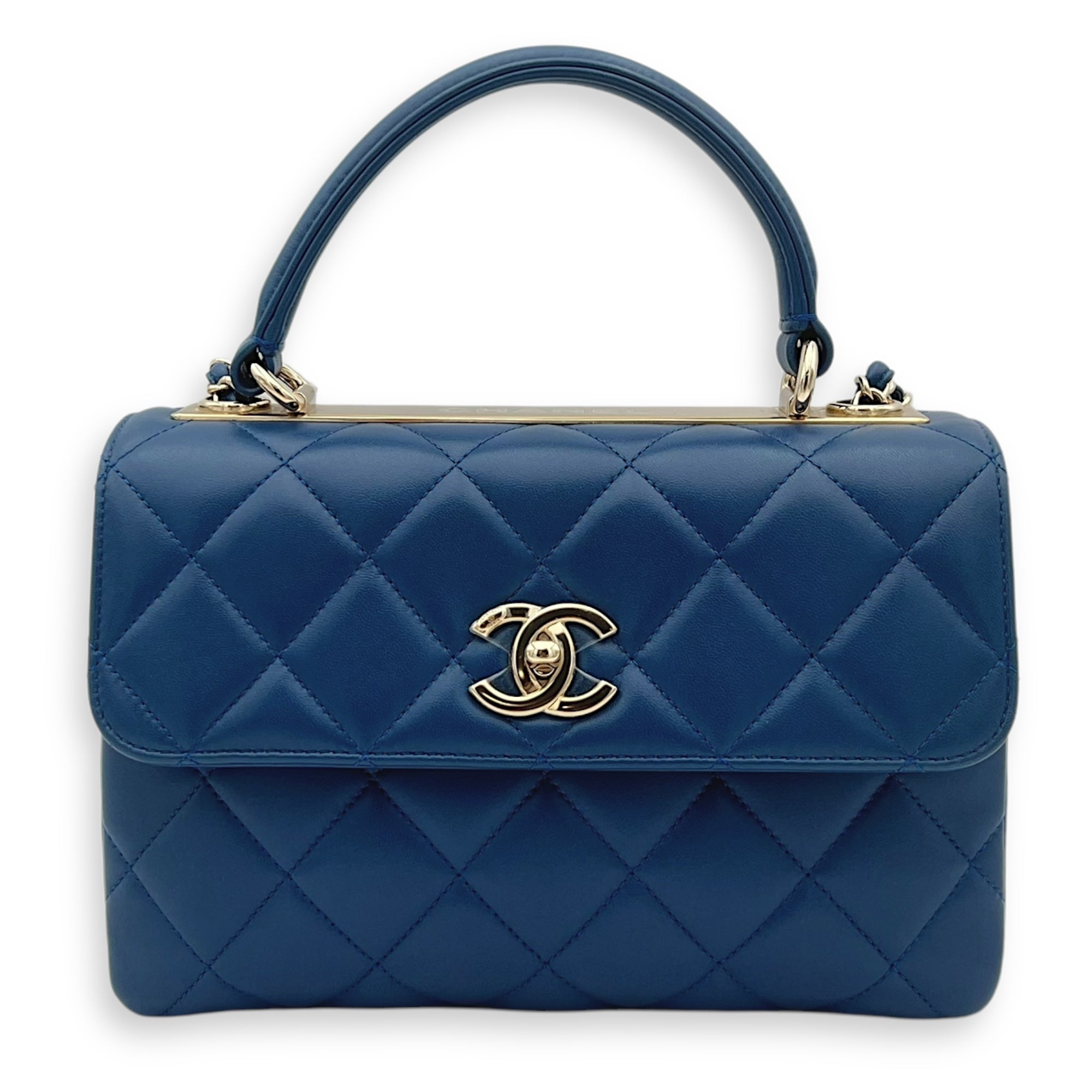 Trendy CC Top Handle Bag Blue in Lambskin, Gold hardware