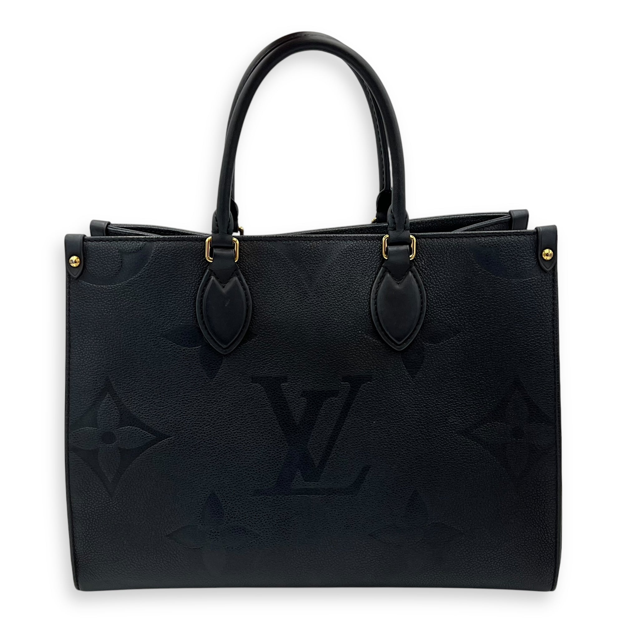 OnTheGo MM Black Top Handle Bag in Empreinte Leather, Gold hardware