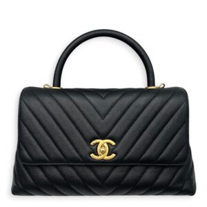 Coco Medium Black Top handle Bag in Caviar Leather, Gold hardware