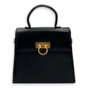 Gancini Black Top Handle Bag in Calfskin, Gold hardware