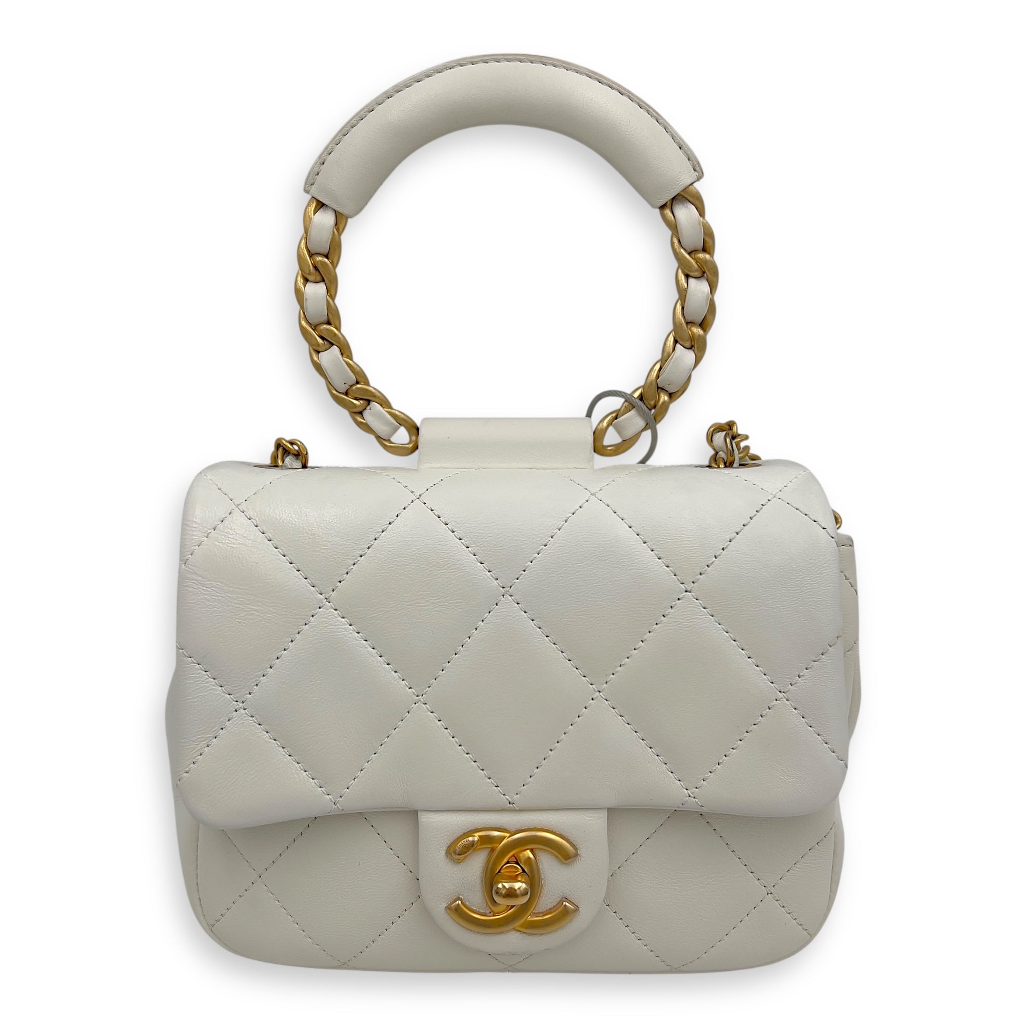 20C In The Loop CC Flap White Top Handle Bag in Lambskin, Gold hardware