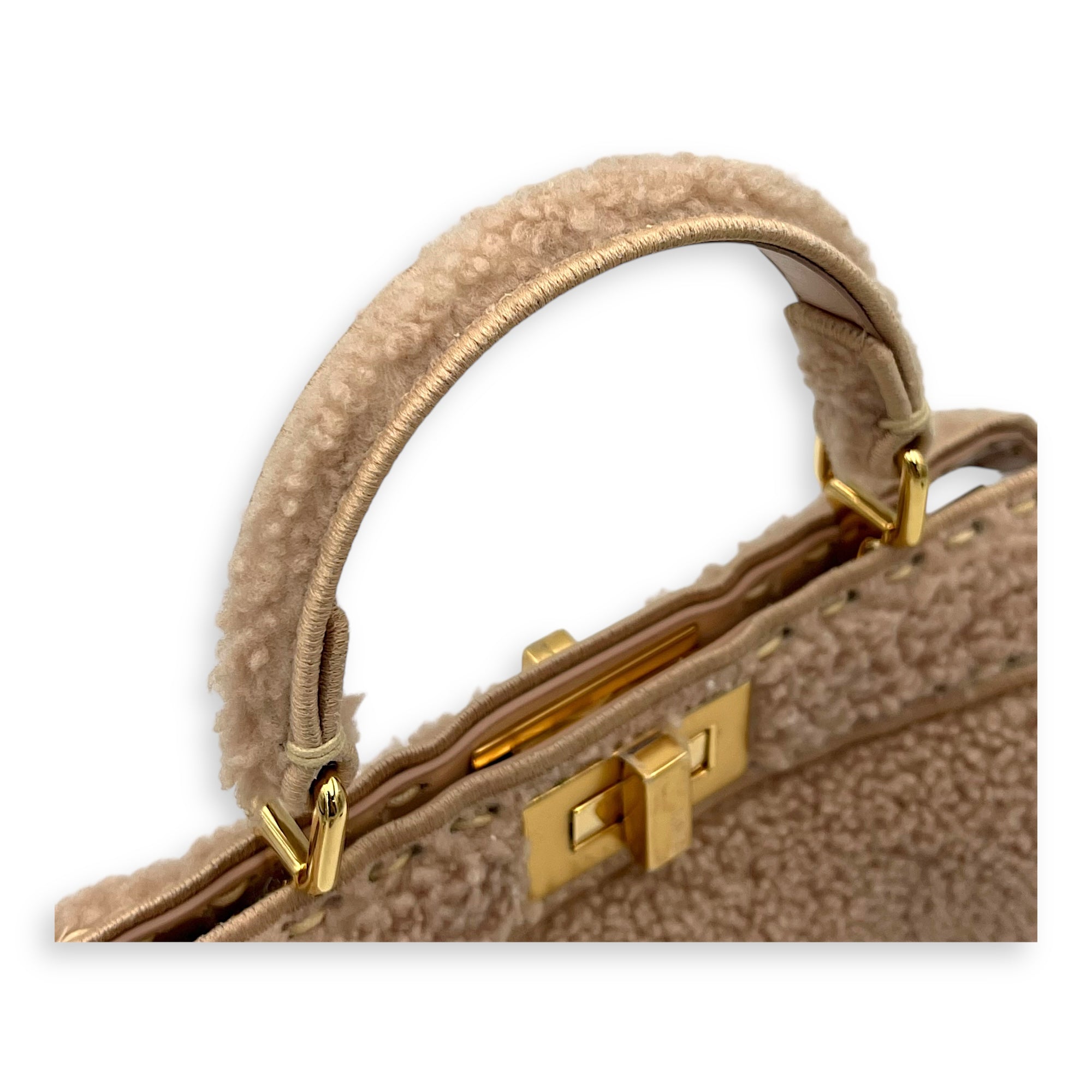 Iseeu Small Beige Top Handle Bag in Shearling, Gold hardware - Image 7