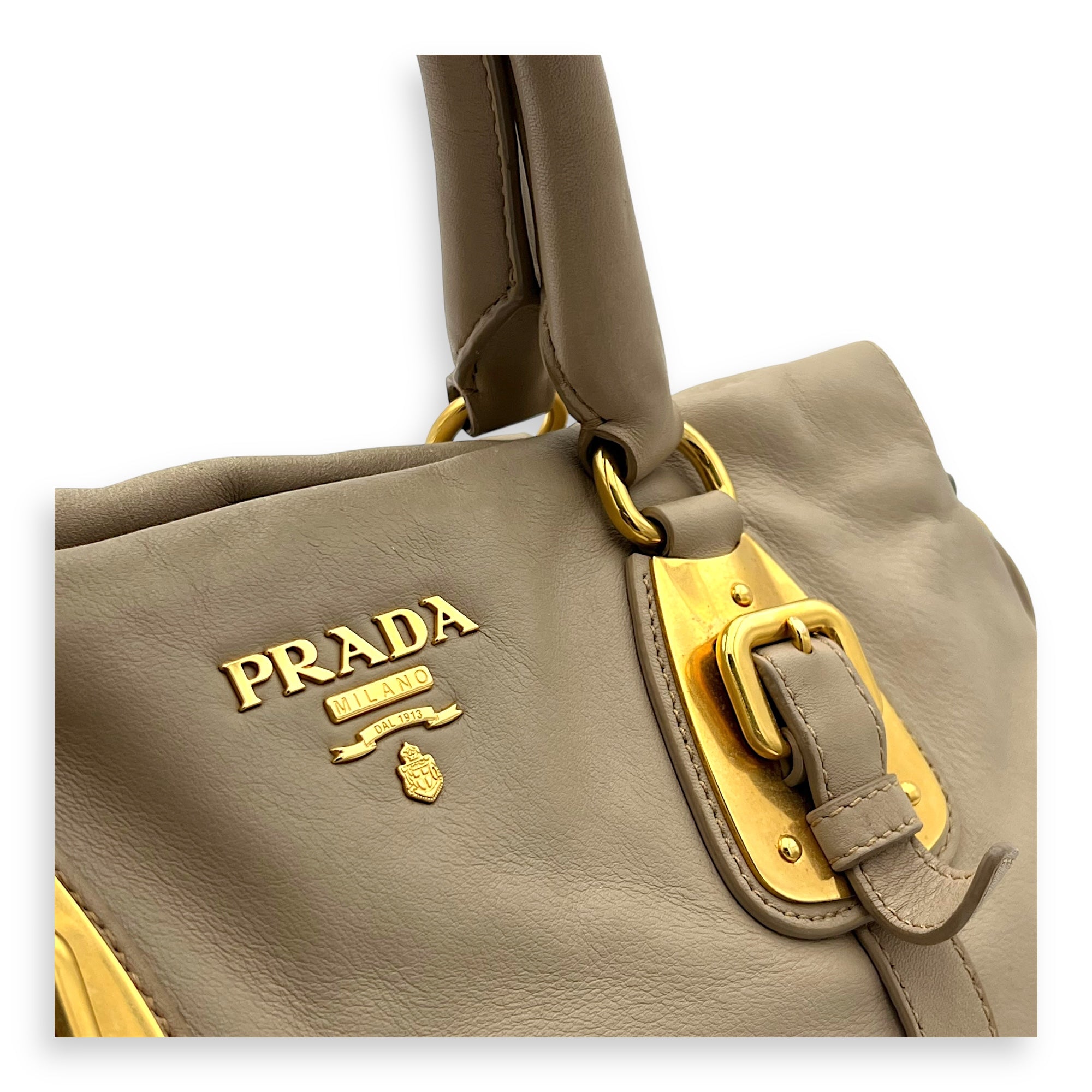 Logo Top Handle Bag Beige in Calfskin, Gold hardware - Image 7