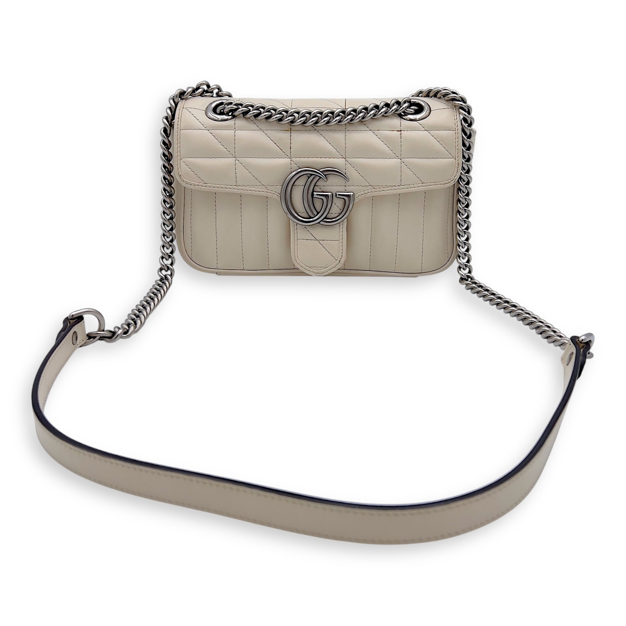 GG Marmont Mini White Shoulder Bag in Calfskin, Silver hardware - Image 12
