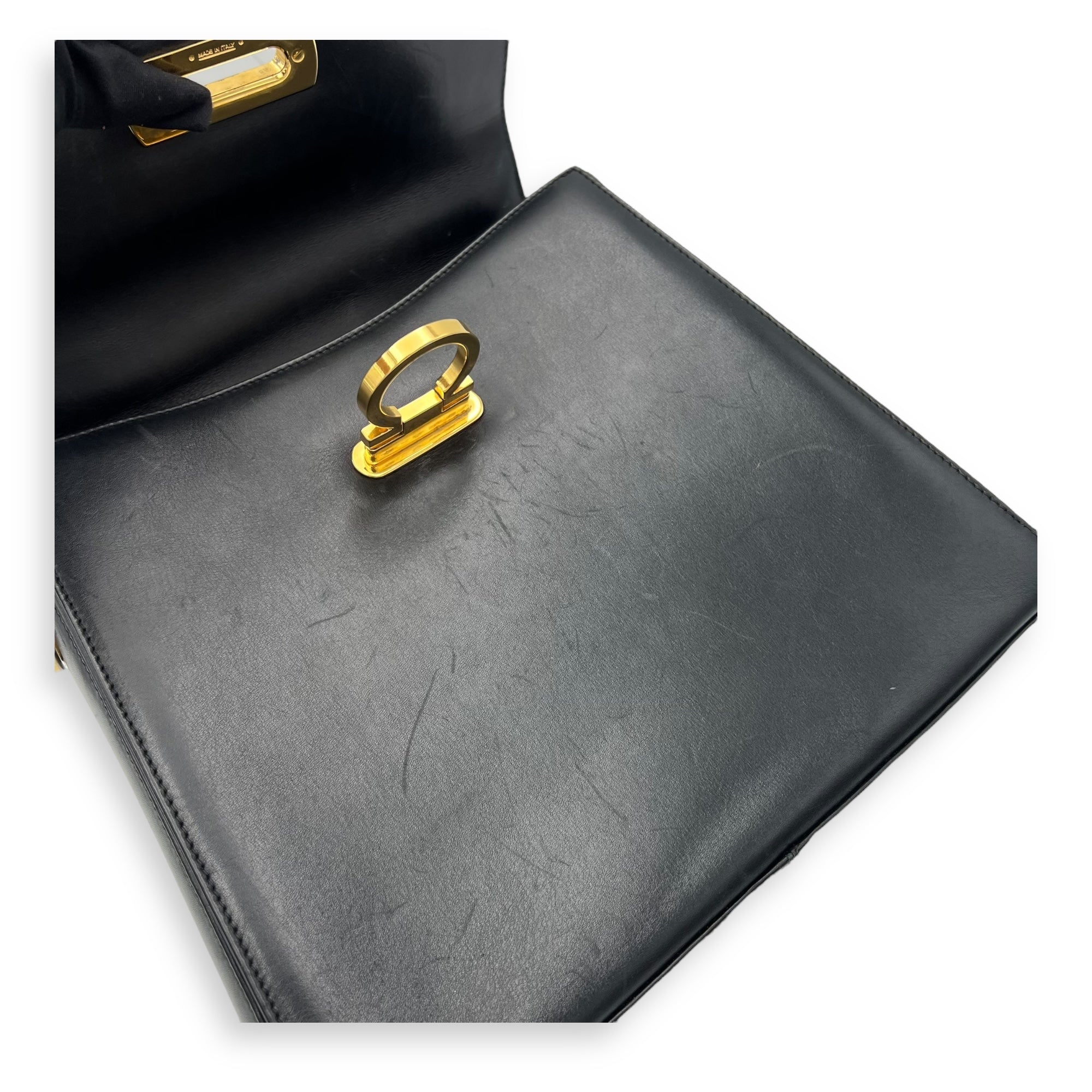 Gancini Black Top Handle Bag in Calfskin, Gold hardware - Image 11