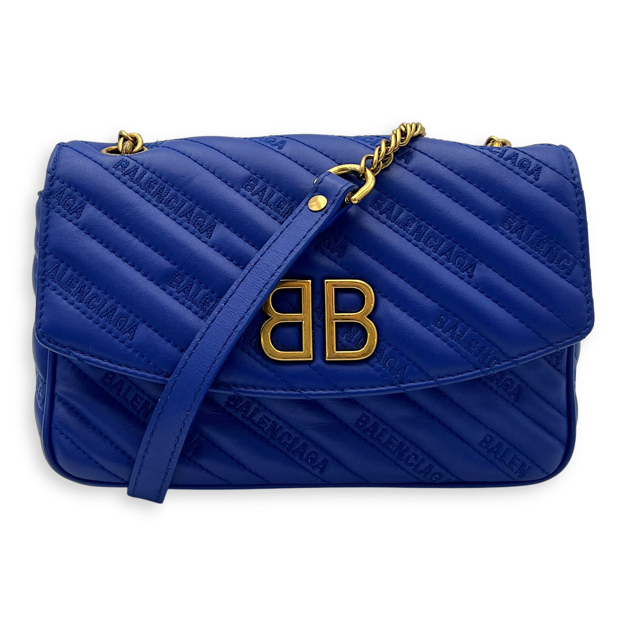 Logo Blue Crossbody Bag in Calfskin, Gold hardware - Image 11