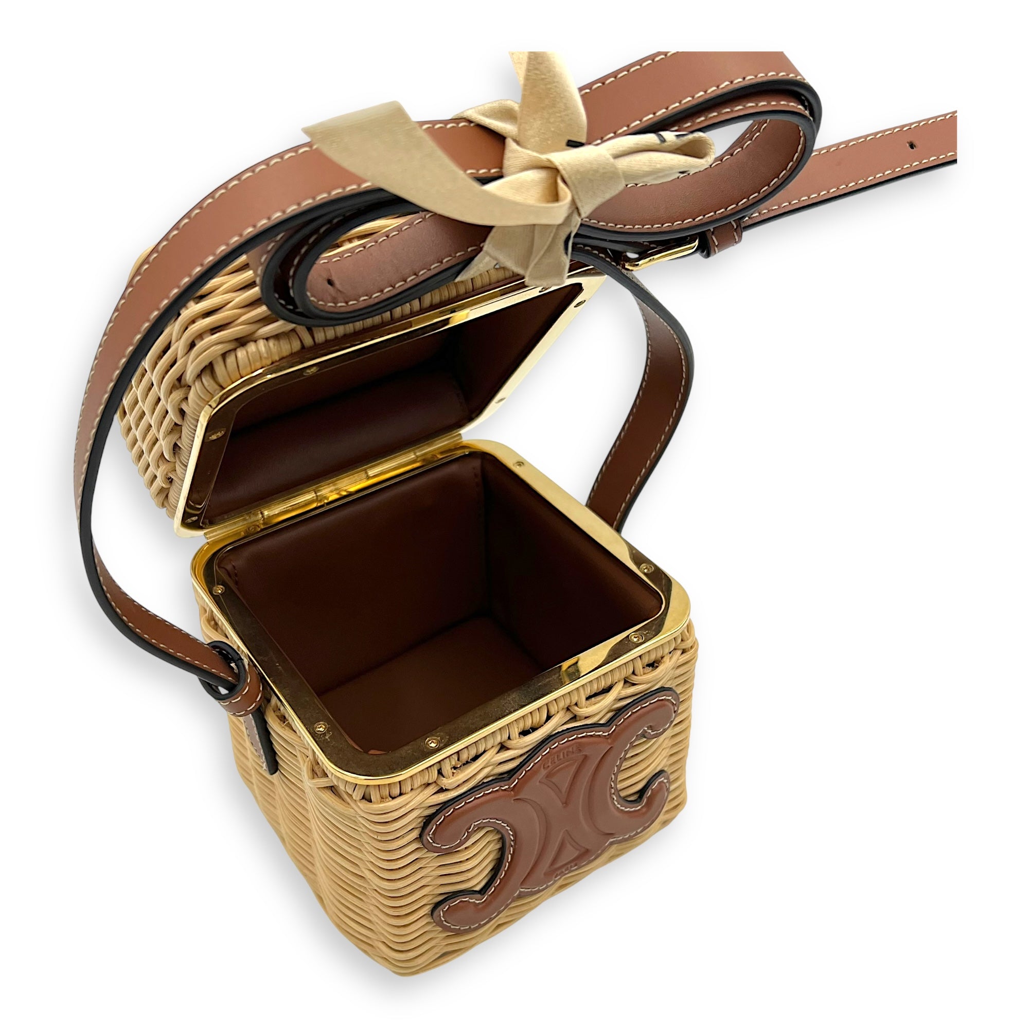 Triomphe Box Shoulder Bag Brown in Rattan, Gold hardware - Image 11