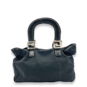 Twin Top Handle Bag Black in Canvas, Silver hardware