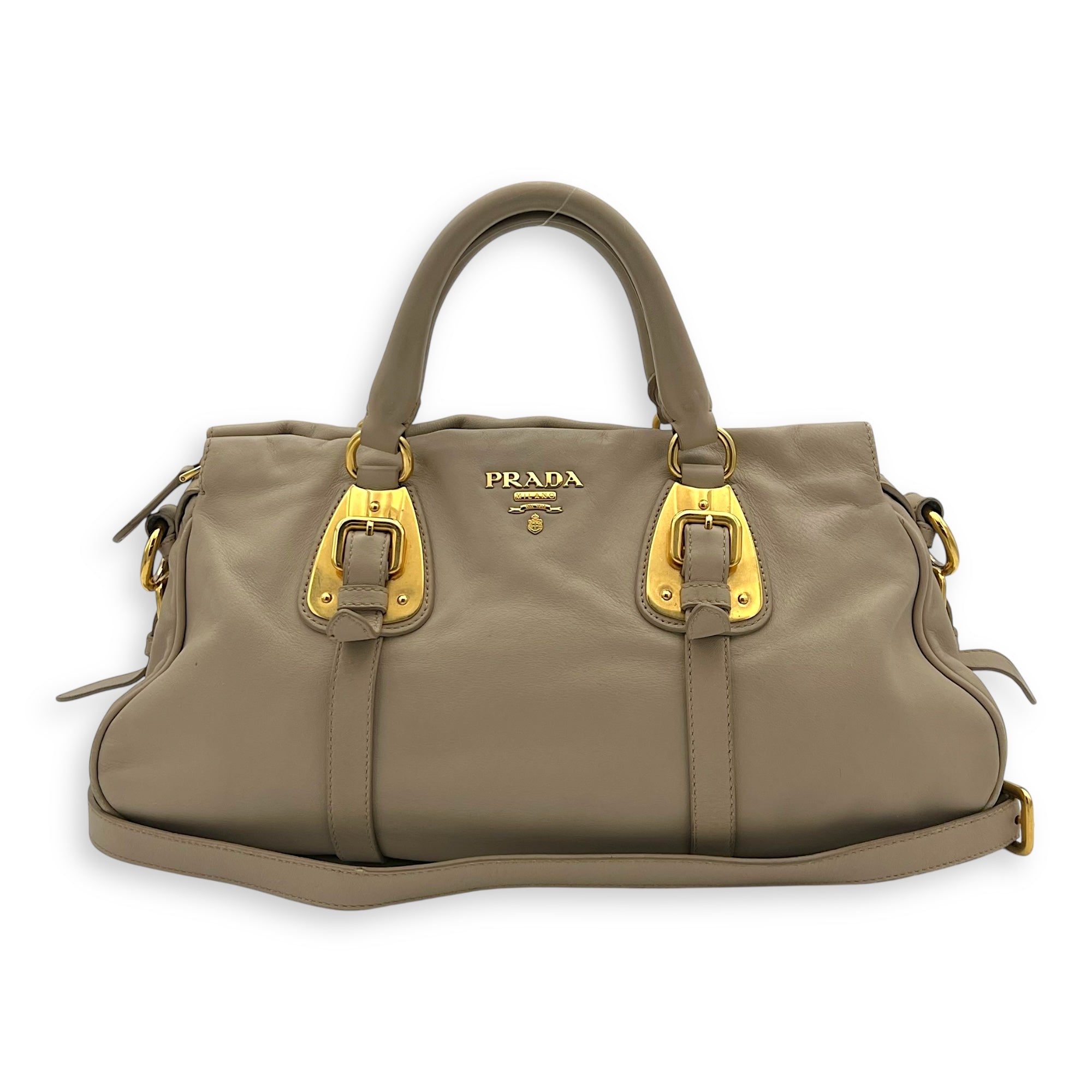 Logo Top Handle Bag Beige in Calfskin, Gold hardware - Image 13