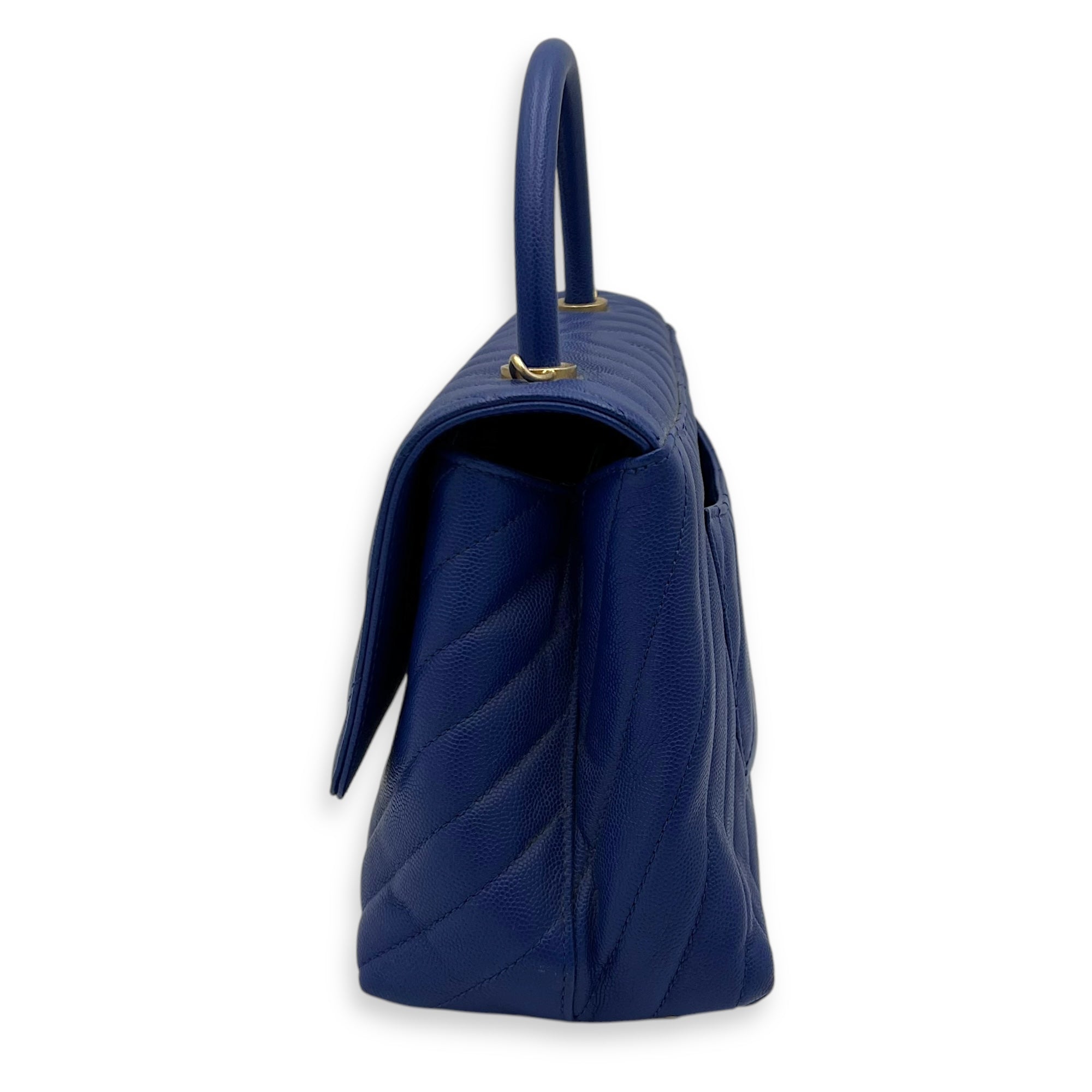 Coco Medium Blue Top Handle Bag in Caviar Leather, Gold hardware - Image 4