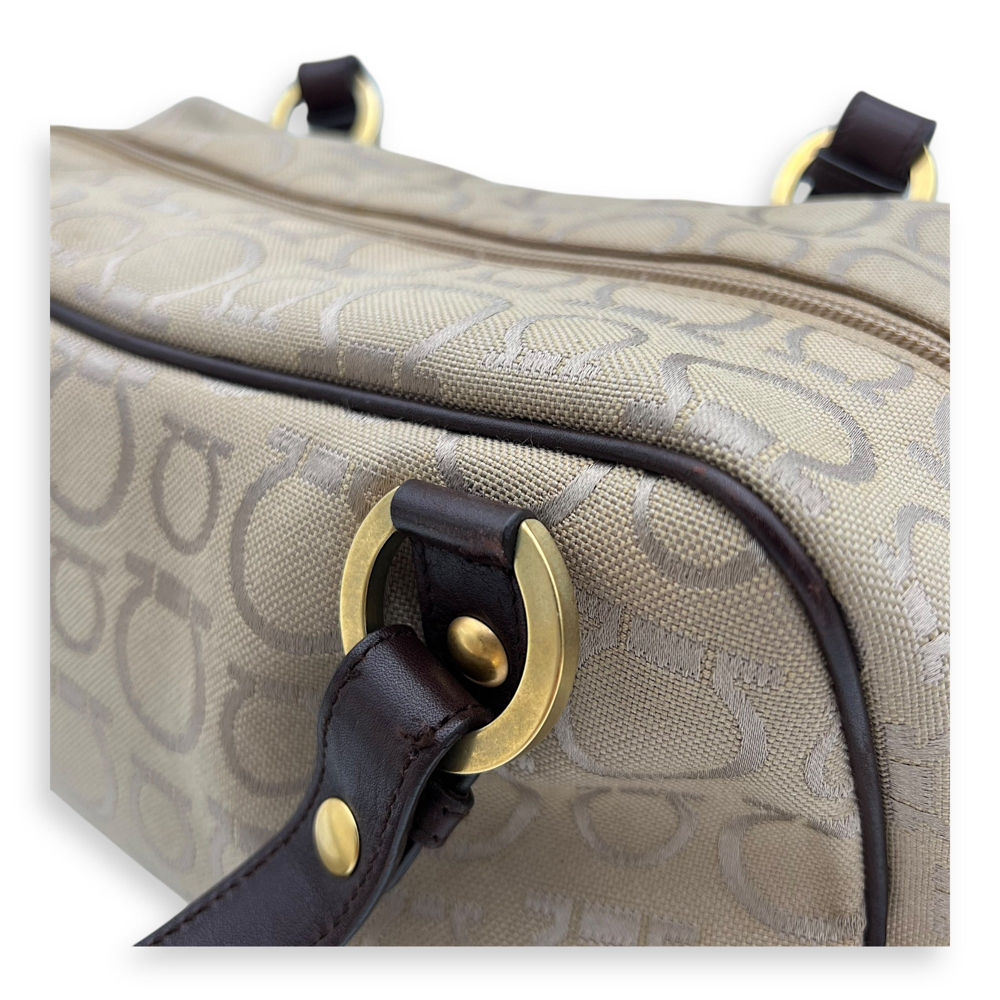 Gancini Beige Shoulder Bag in Canvas, Gold hardware - Image 14