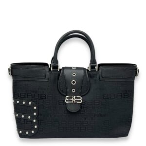 Logo Monogram Black Top Handle Bag in Canvas, Silver hardware