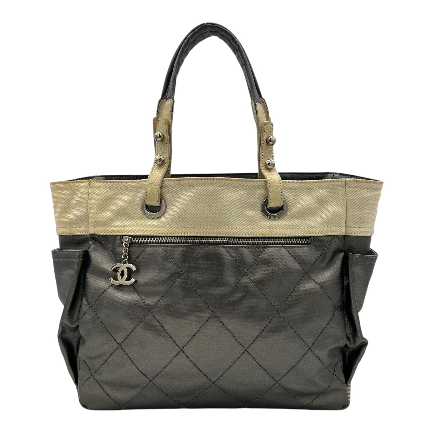 Paris Biarritz Large Grey Tote Bag in Coated Canvas, Silver hardware