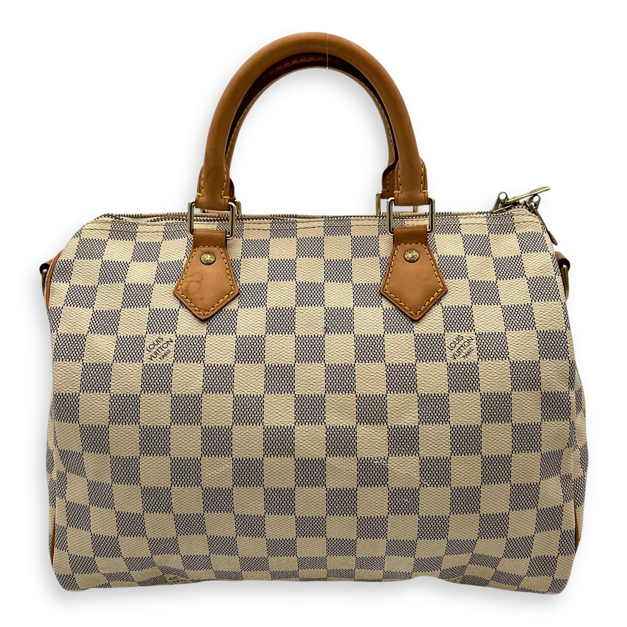 Speedy Bandouliere 30 Damier Azur Top Handle Bag in Coated Canvas, Gold hardware