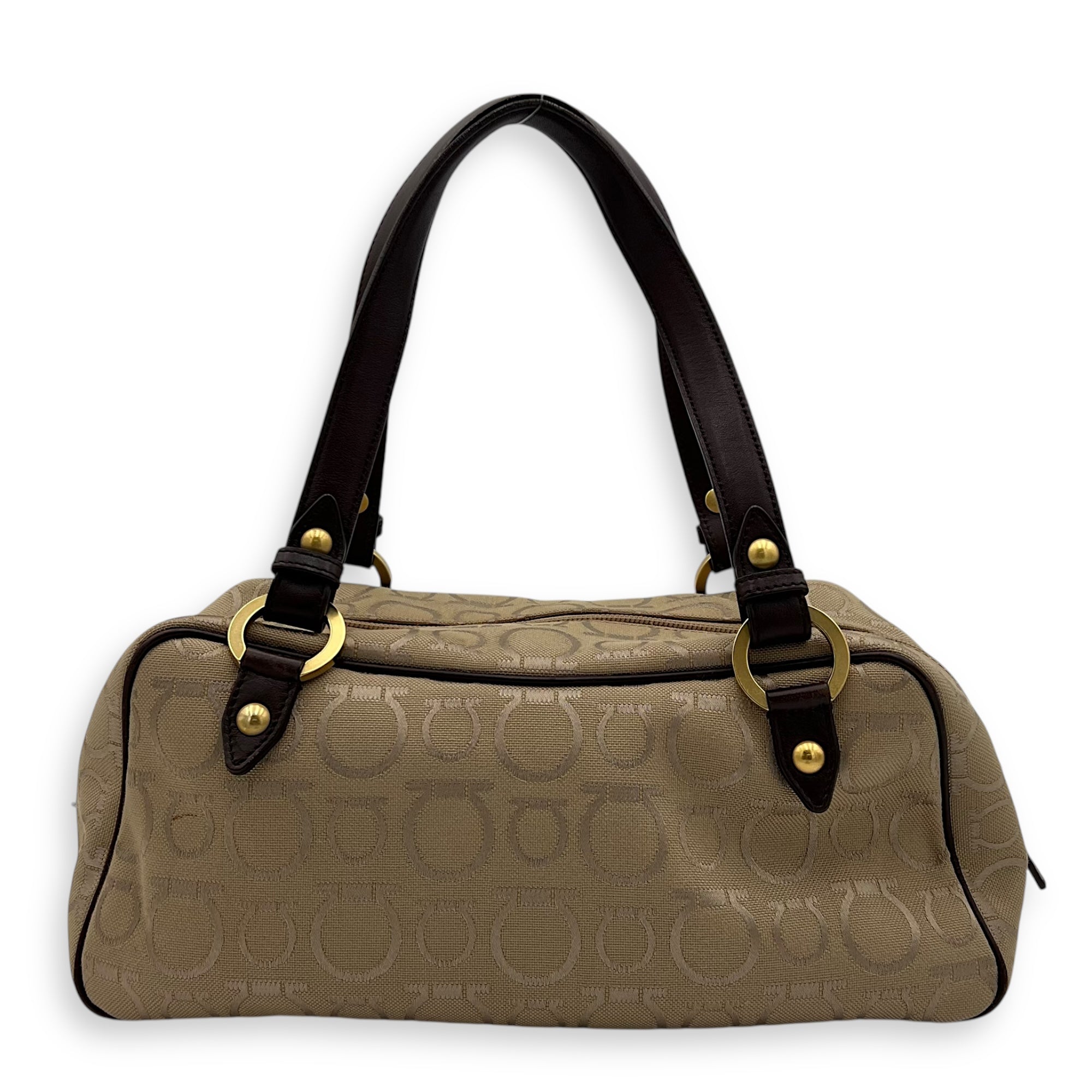 Gancini Beige Shoulder Bag in Canvas, Gold hardware - Image 3