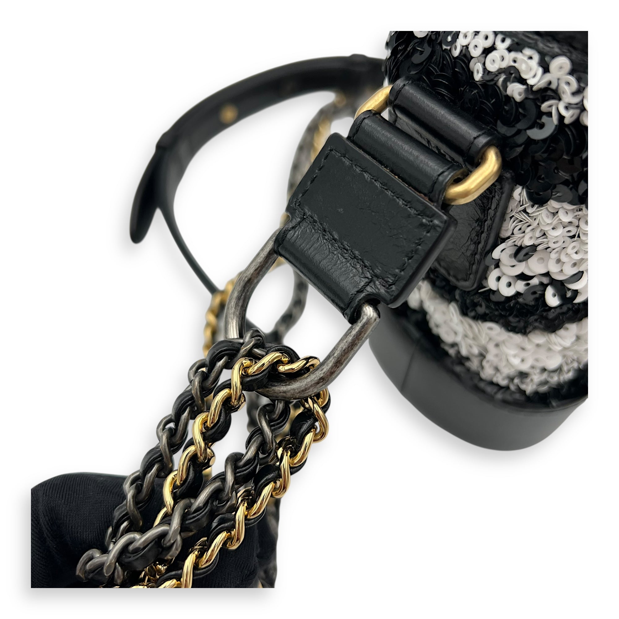 Gabrielle Small Black - White Shoulder Bag in Sequins, Gold hardware - Image 9