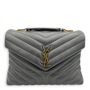 Loulou Medium Grey Shoulder Bag in Calfskin, Gold hardware