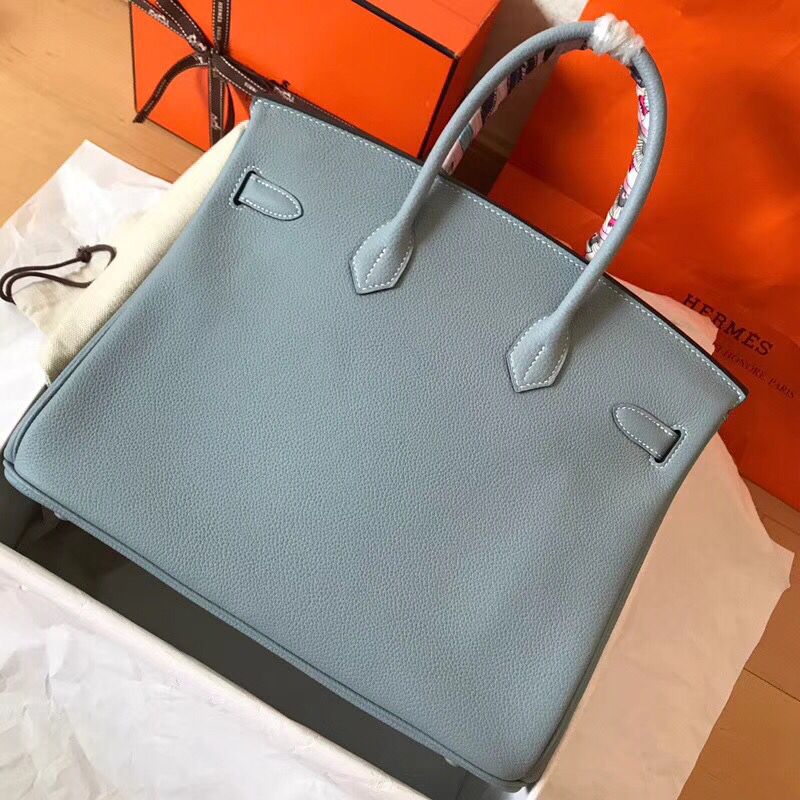Hermes Birkin 35 Handmade Bag In Blue Lin Clemence Leather - Image 8