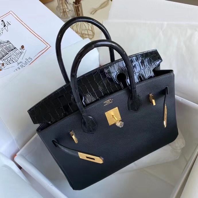 Hermes Touch Birkin 30 Bag In Black Shiny Niloticus Crocodile Skin - Image 9